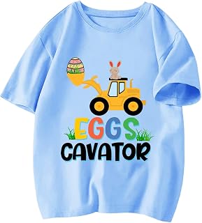 Toddler Easter Shirt Boys Girls Bunny Eggs-cavator Truck Graphic T-Shirt Kids Short Sleeve Cotton Easter Tee Tops 2-7 Years