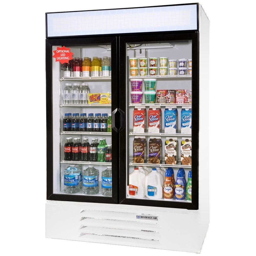 Beverage Air MMR44-1-W-LED MarketMax 47" Two Section Glass Door Reach-In Merchandiser Refrigerator with LED Lighting 45 cu.ft. Capacity White Exterior and Bottom Mounted on Fridge.com