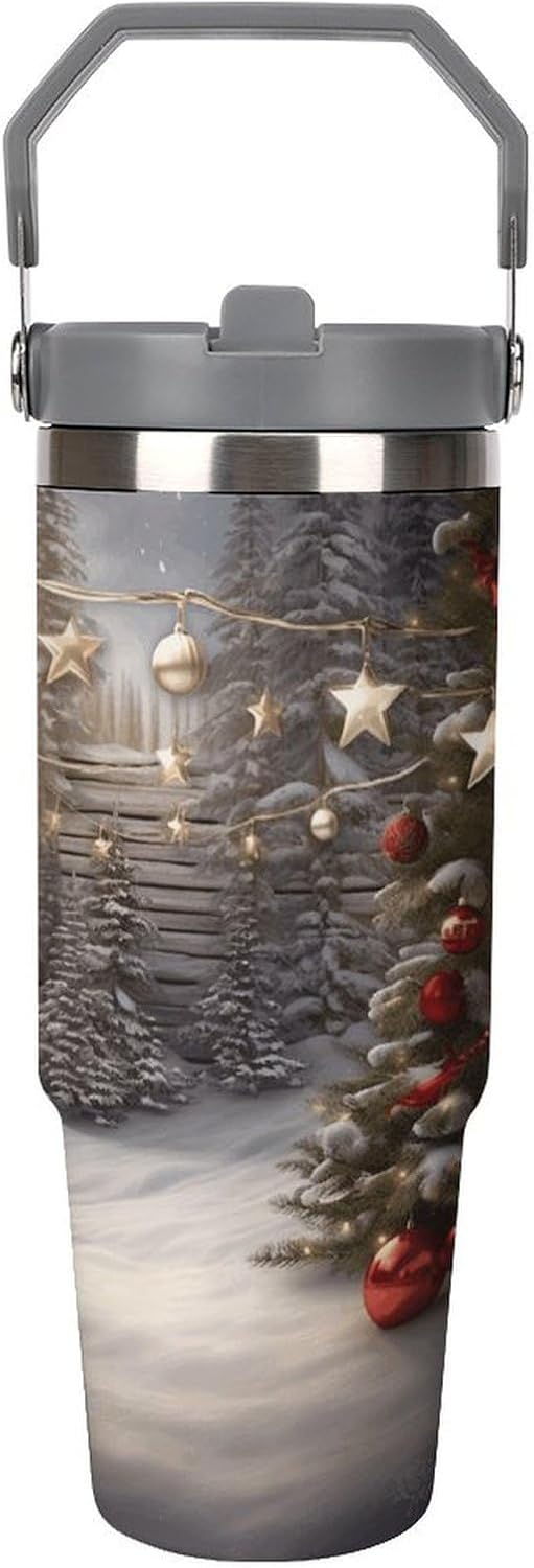 Christmas Wood Water Bottle 30 Oz Fits Car Cup Holder,Insulated Coffee Mug Large Capacity Car Cups,Stainless Steel Double Wall Sport Bottle for Travel Sports Gym