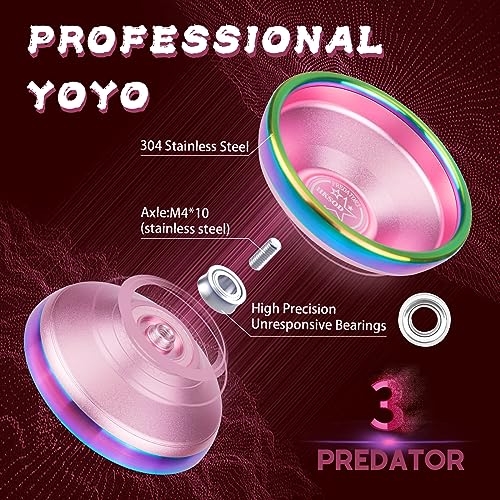 Hksod Professional Bi-Metal Yoyo,Unresponsive Yoyo for Adults Advanced Players Predator 3 trick yoyo with Premium YOYO Bearings with Yo-Yo Accessories - Pink