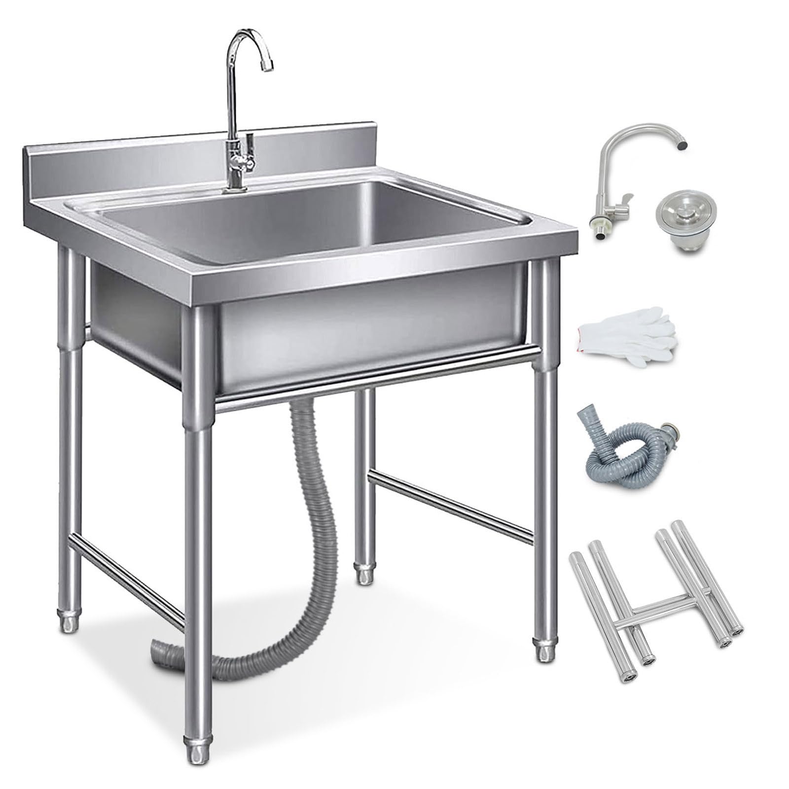 ZQFHSX Outdoor Kitchen Sinks 304 Stainless Steel Single Bowl Utility Restaurant Free Standing Catering Commercial Basin Prep Workstation with Faucet