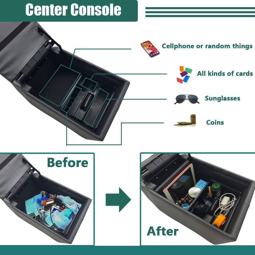 Universal Truck Seat/Bench Contractor Center Console Business Organizer and Storage with Adjustable Cup Holders, Clip Board, and Padded Top Lid for Armrest Back Black