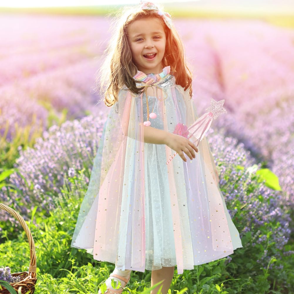 Mantello principessa bambina, mantello halloween bambino magica mantello Tulle con paillettes scintillanti scialle halloween principessa con bacchetta magica per ragazze 6-10 anni
