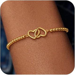 14K Gold Plated Beaded Bracelets for Women, Dainty Beaded Charm Bracelets for Women Trendy Ball Stretch Bracelets Non Tarnish Fashion Jewelry for Women Cute Gifts Adjustable