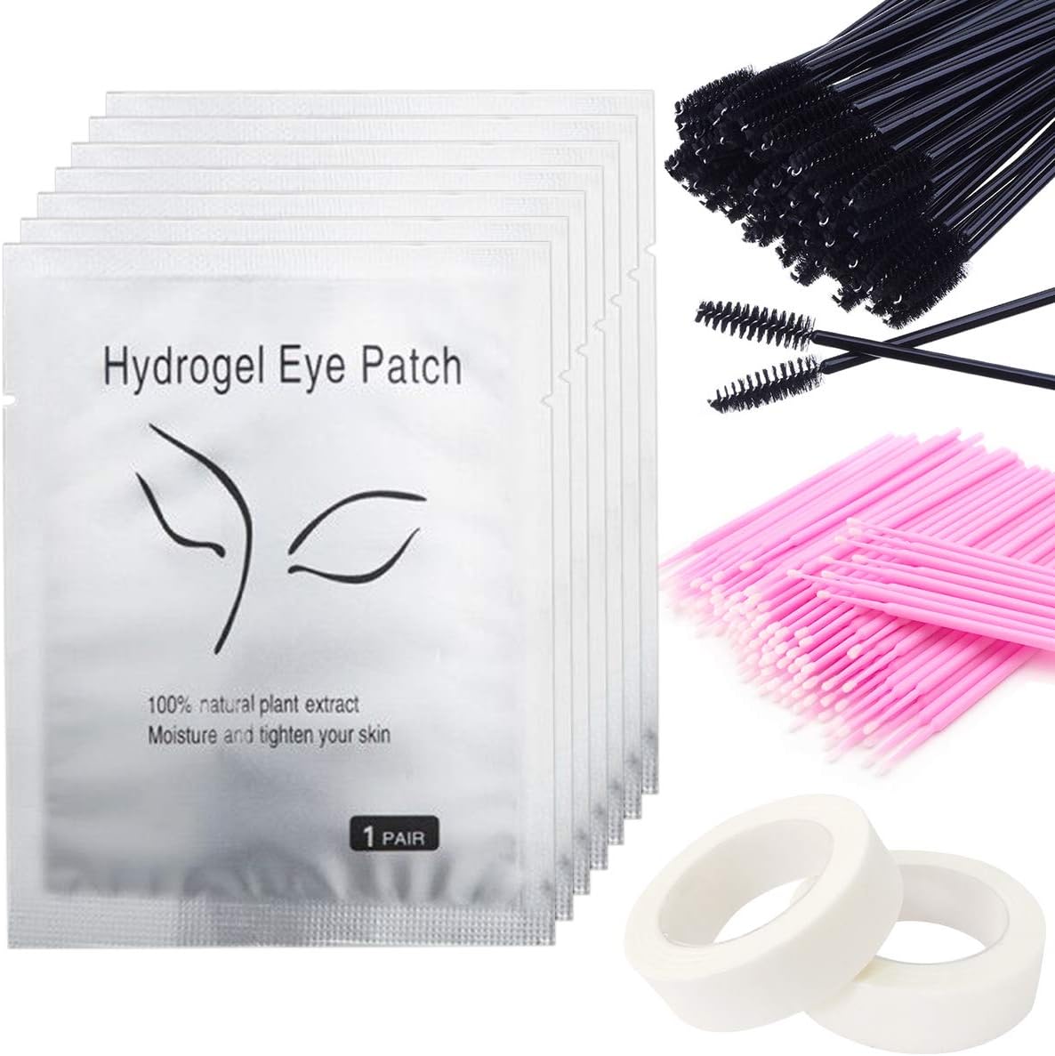50Pcs Under Eye Pads Lint Free Lash Extension Eye Gel Patches,100Pcs Eyelash Mascara Brushes Wands Applicator Makeup Brush,100Pcs Micro Applicators Brushes,2 Rolls Eyelash Tapes