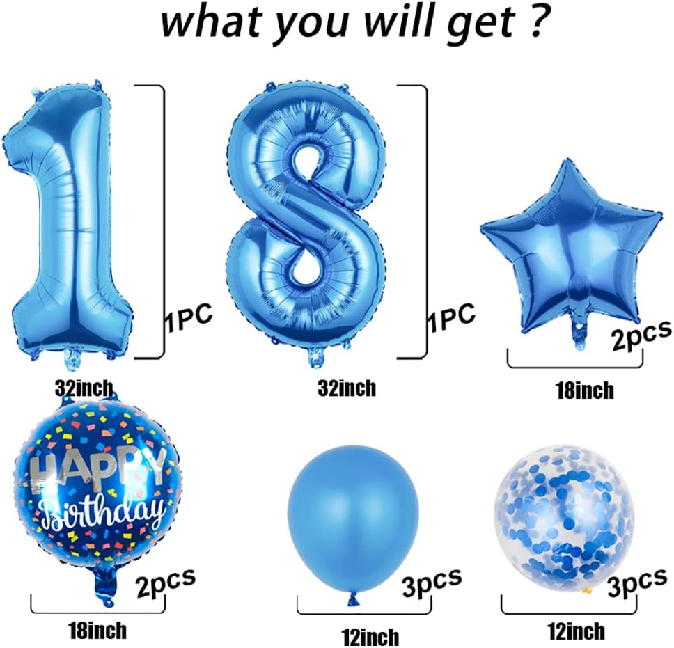 Balloons, 12 pcs Foil Balloons 18 Year Old for 18th Birthday Party Supplies Decoration，Confetti Balloon Party Balloons Birthday Party Supplies 18 Years Old Birthday Balloon (18th, Blue)