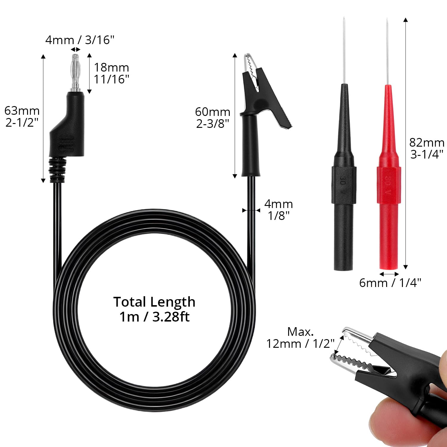 QWORK® Zestaw końcówek multimetru, kabel testowy z wtyczką bananową 1 m, końcówki krokodylkowe, wymienne igły