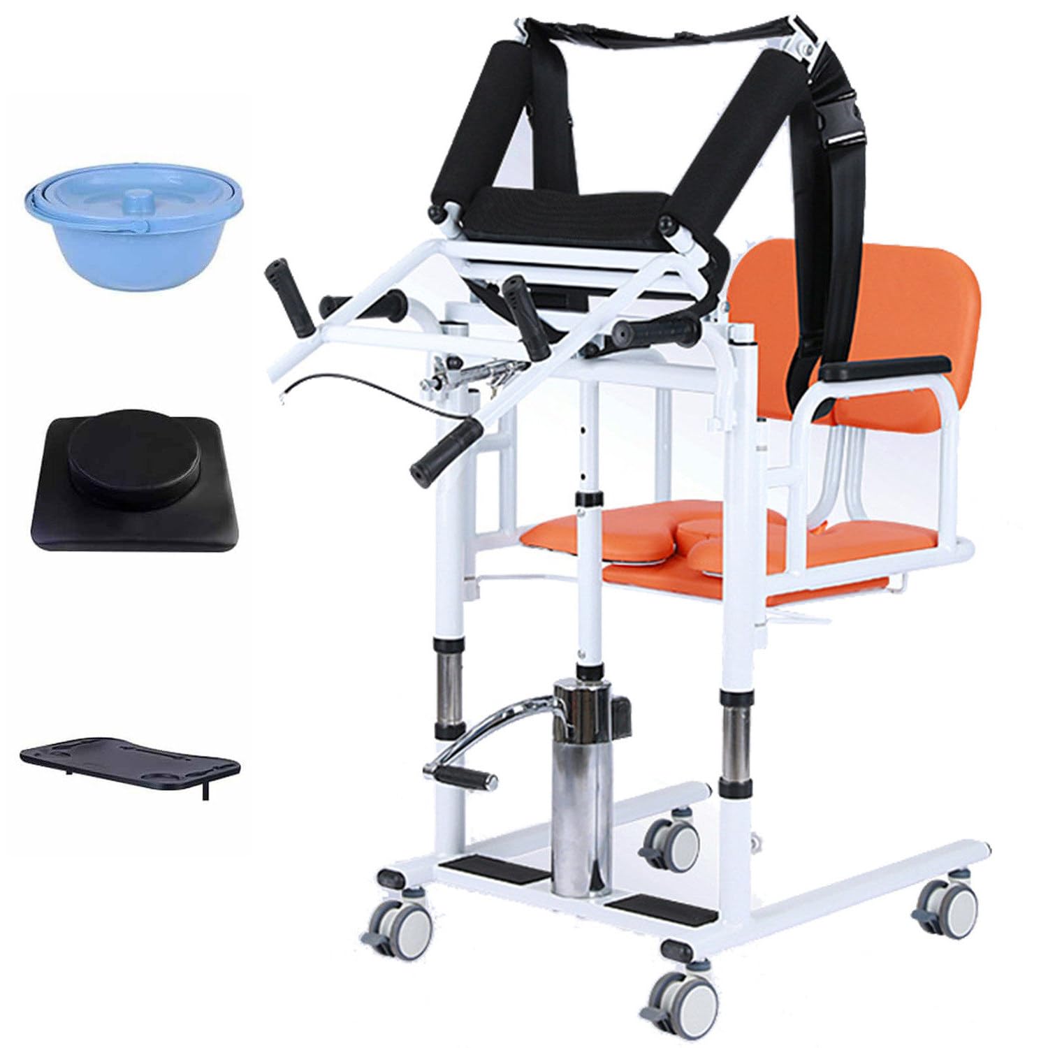 Sollevatore Idraulico per Pazienti con Mobilità Ridotta, Sedia Trasferimento Regolabile in Acciaio,Schienale e Sedile Divisi 180° con Vasino Portatile,Pedale Antiscivolo,Fino a 200 kg Orange