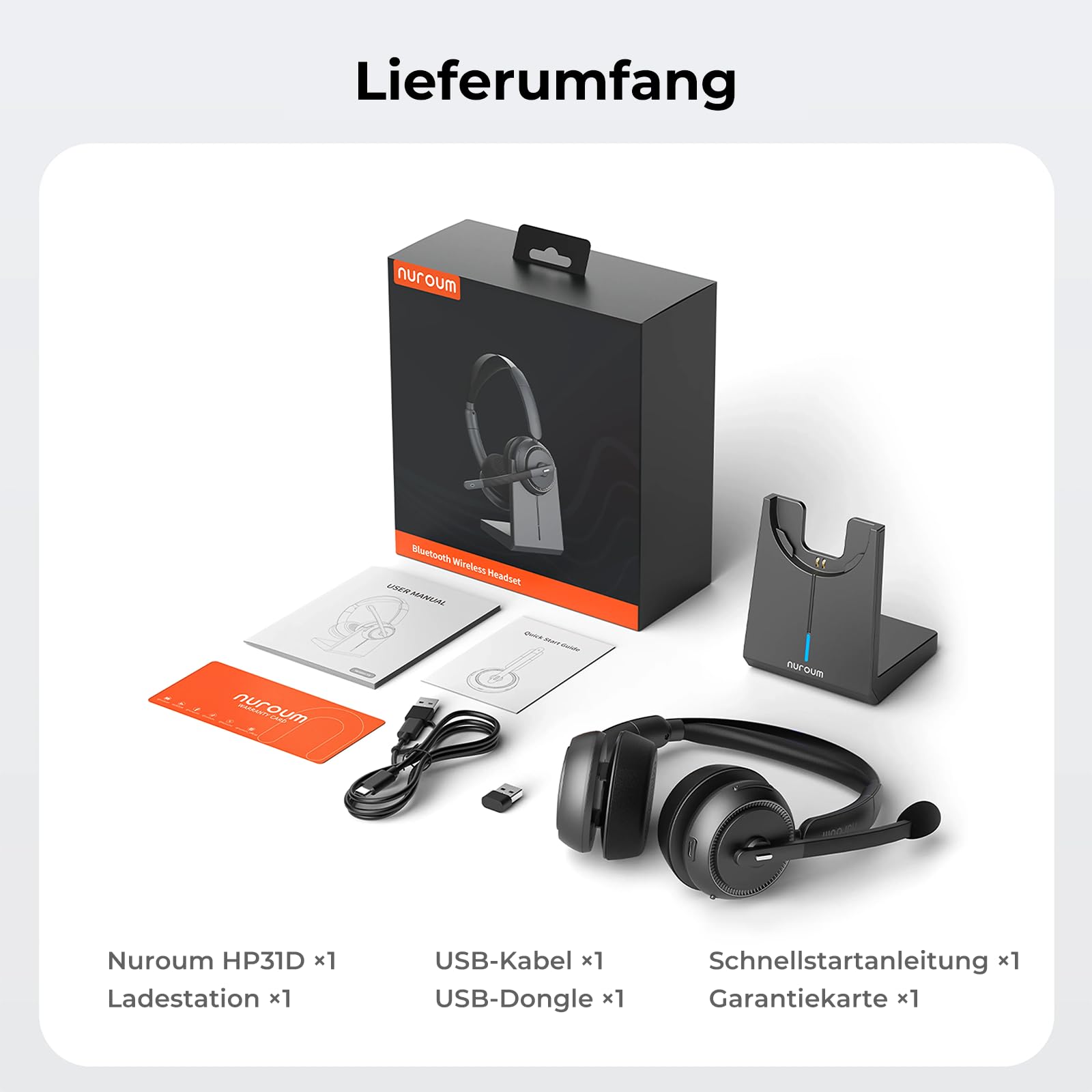 Nuroum HP31D 2026 Bluetooth Headset mit Mikrofon Wireless, KI Rauschunterdrückung für Anrufe,45 Std. Akku, Kabelloses Headset mit Ladestation&USB Dongle&Mute,Bluetooth Headset für PC/Laptop/Büro/Teams