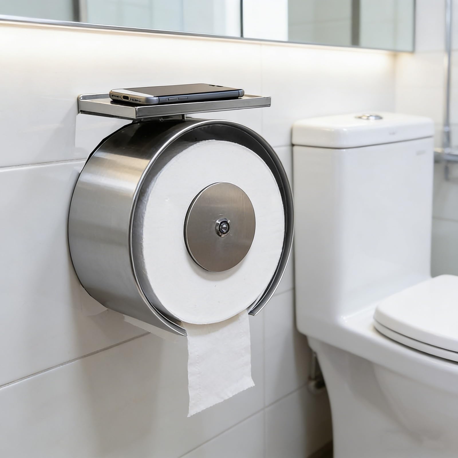 Dozownik Papieru Toaletowego Montowany na Ścianie, Komercyjny Uchwyt na Papier Toaletowy, Dozownik Papieru w Rolkach z Górną Półką