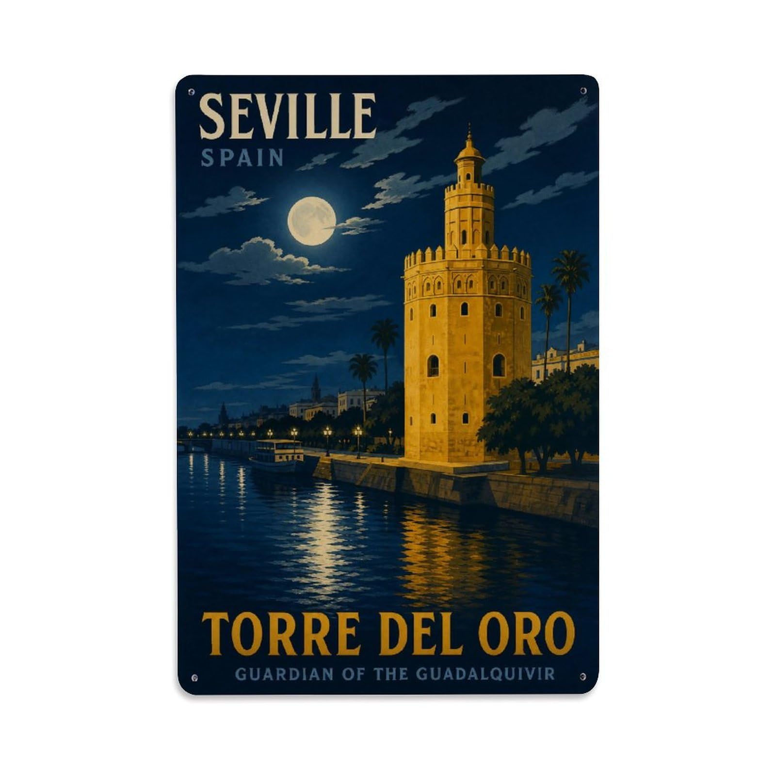 Yrnq 08X12inch Vintage Style Vintage Torre Oro Moonlight Night River Reflections Spain Metal Tin Sign