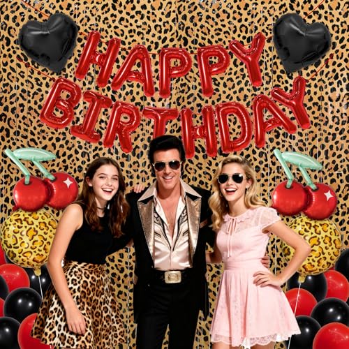 Image of Cheetah Print Birthday Party Decorations with Leopard Print Foil Fringe Curtains,Happy Birthday Letter Balloons, Heart,Cherry,Leopard Round Foil Balloons,Latex Balloons for Birthday Party Women Girl