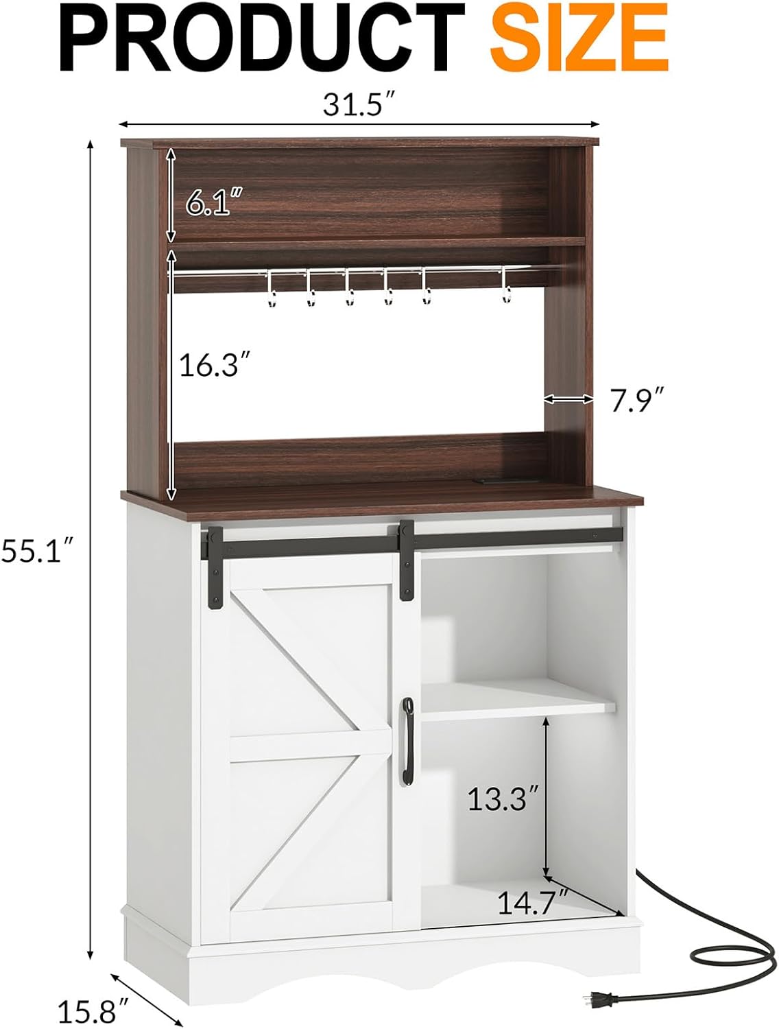 HOMFAMILIA 55.1" H Farmhouse Coffee Bar Cabinet w/Storage Hutch, Kitchen Coffee Station w/Charging Station, 6 Hook-s, Rustic Buffet Cabinet w/Sliding Barn Door&Adjustable Shelf for Kitchen, White