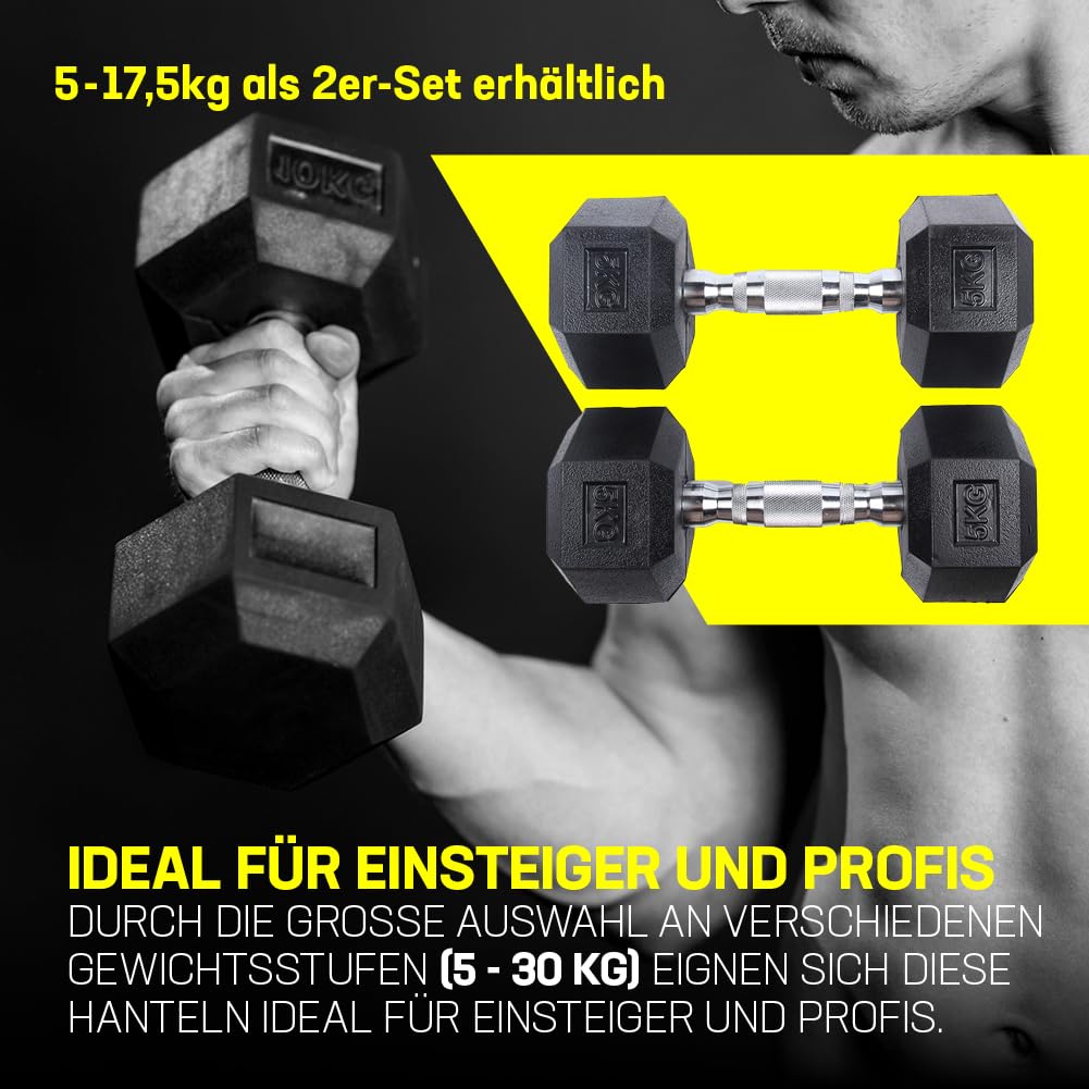 SPORTINATOR Hexagon Hanteln – 2er-Set & Einzelhanteln von 5–30 kg – Gusseisen mit Gummi-Beschichtung, rutschfester Griff, bodenschonend, ideal für Krafttraining & Fitness