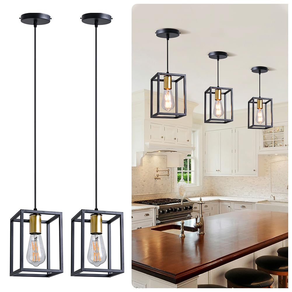 2 Pack Farmhouse Black and Gold Pendant Lights, Hanging Lamps for Living Room Entryway Foyer Indoor, Cage Lantern Kitchen Island Dining Room Light Fixture, Modern Matte Black Industrial Iron Light