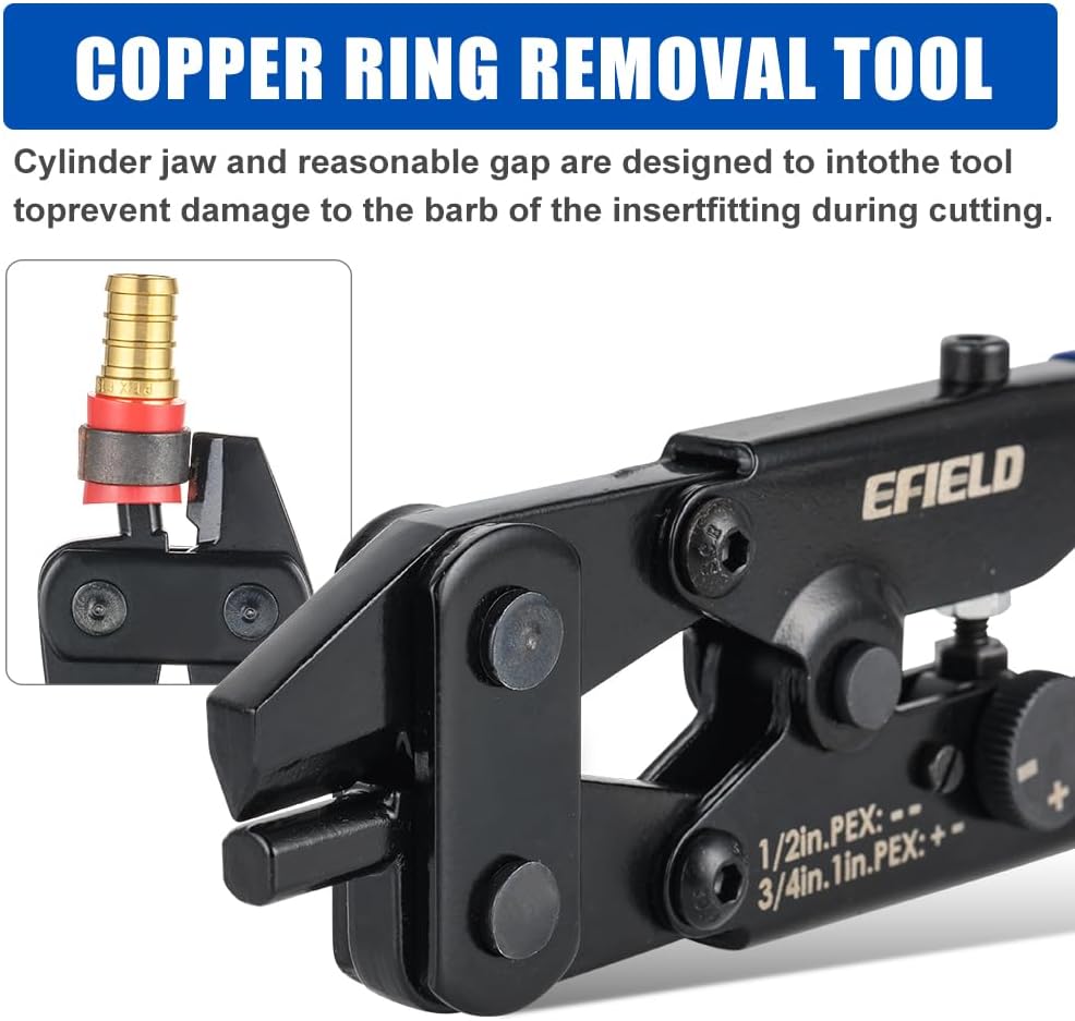 EFIELD PEX Crimping Tool Full Size Kit : 3/8 Inch, 1/2 Inch, 5/8 Inch, 3/4 Inch and 1 Inch With the Ring Removal Tool (Decrimper), Pipe Cutter,Go-no-go Gauge,(TOOL045)