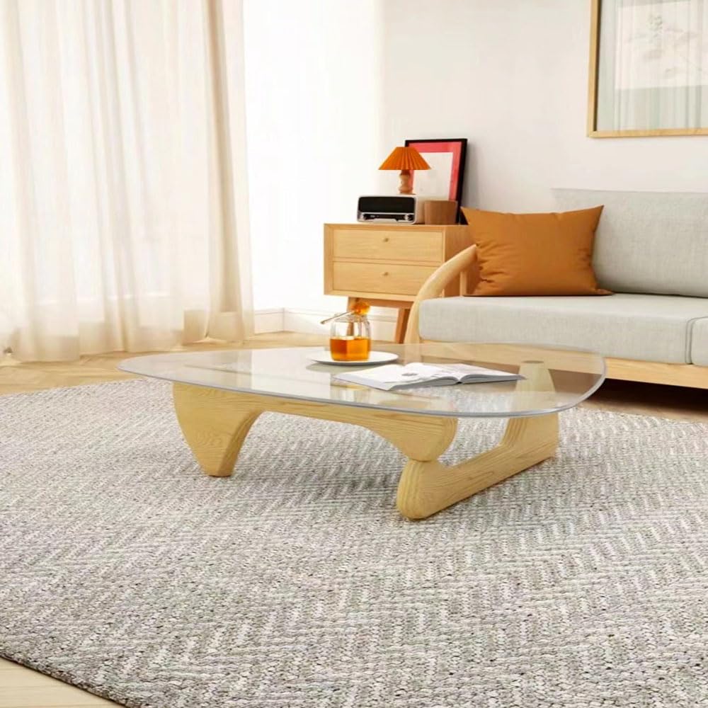 Kutis Modern Coffee Table Mid Century Glass Coffee Table for Living Room Unique Abstract Coffee Tables for Small Spaces Center Table with Solid Wood Base Triangle Coffee Table Simple Table 91x65x40 cm