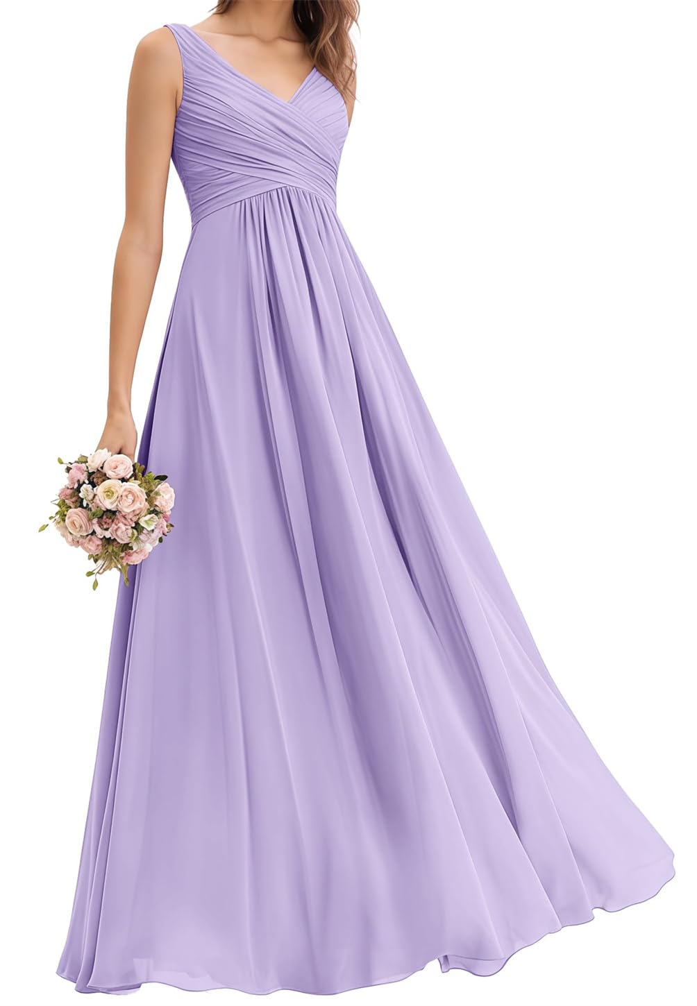 Hppee Women's Lilac Bridesmaid Dresses Long A Line V Neck Chiffon Wedding Guest Dress Corset Formal Party Gown Uk12