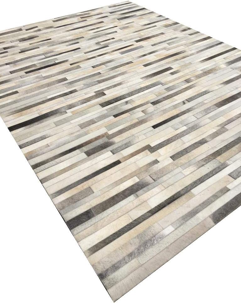 Erbanica Leather Hide Patchwork Area Rug Hand Made - Grey Stripes (8x10 Feet)