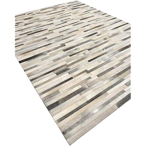 Erbanica Leather Hide Patchwork Area Rug Hand Made - Grey Stripes (8x10 Feet)