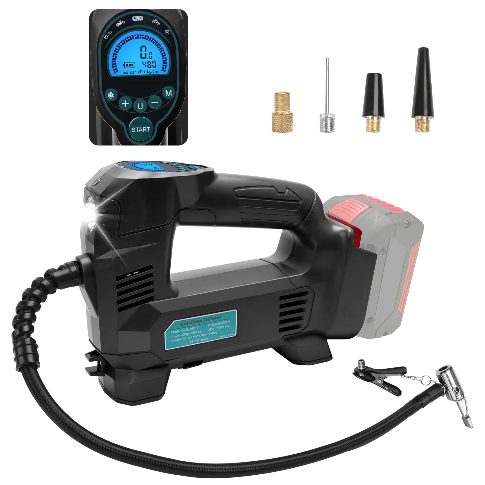 Powarobor Akku-Luftpumpe kompatibel mit Bosch 18V GBA/GBA ProCORE Akku,10,3bar Kompressor/Elektropumpe für Auto/Motorrad/Fahrrad/Bälle/150 PSI,automatische Abschaltung, LED,Echtzeitmessung (ohne Akku)