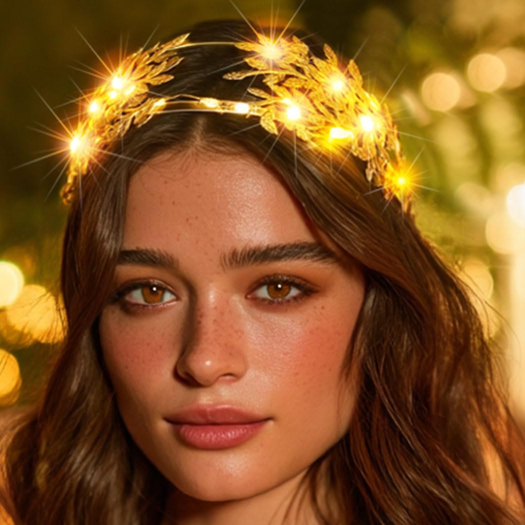 Zoestar Light Up Greek Goddess Headband LED Gold Leaf Crown Headbands Bridal Headpiece Hair Accessories for Women (Gold, One Size)
