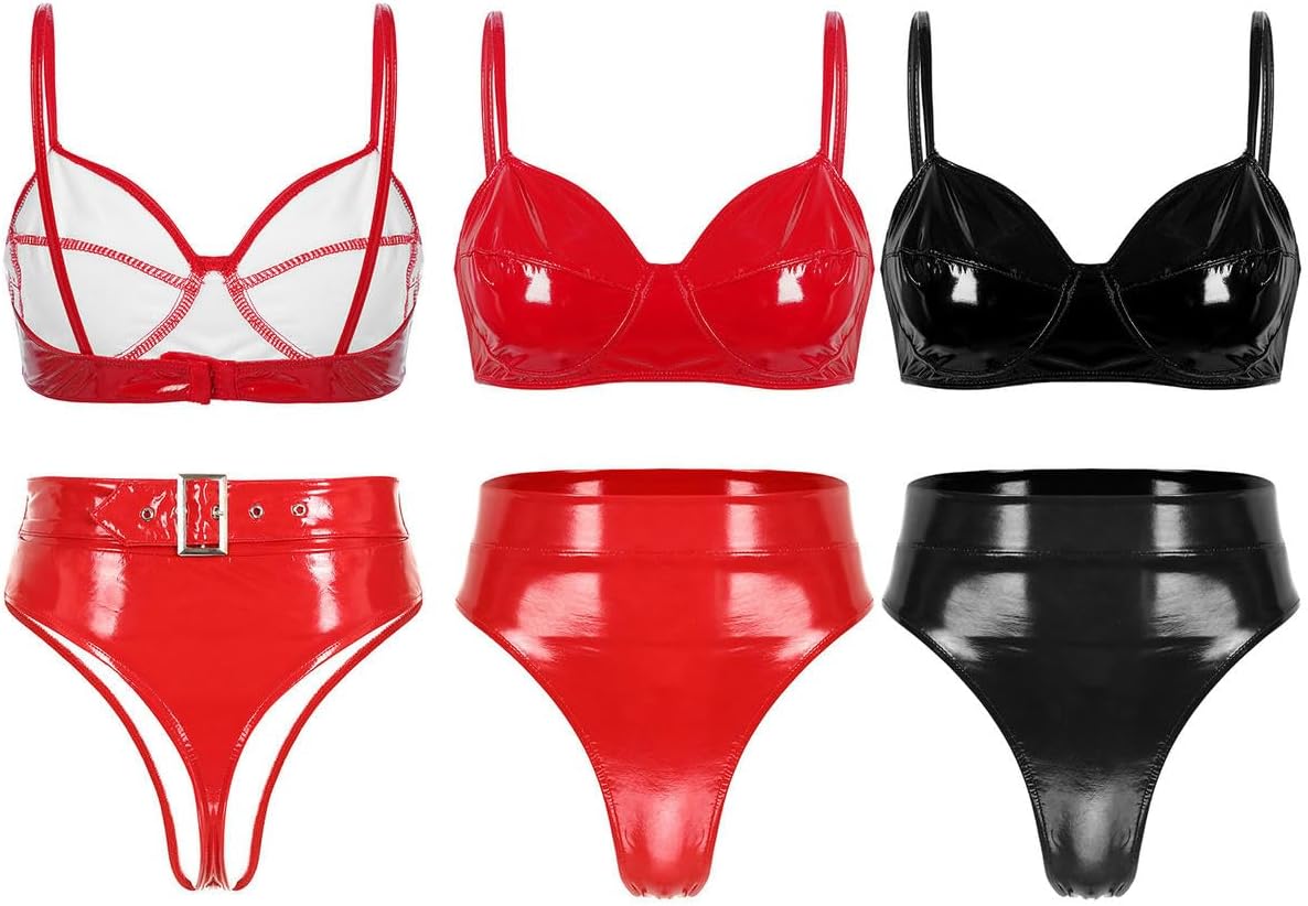Womens Pole Dance Outfit Patent Leather Wire-Free Padded Bra Top High Waist Adjustable Back Buckle Briefs