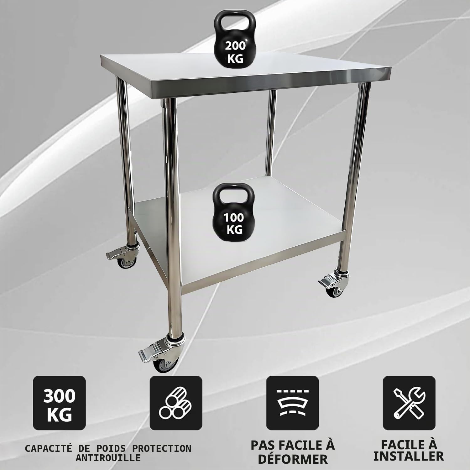 Table de cuisine en acier inoxydable 76x61cm - 4 roulettes avec freins - Table de restauration professionnelle pouvant supporter jusqu'à 200kg - Table de cuisine professionnelle en acier