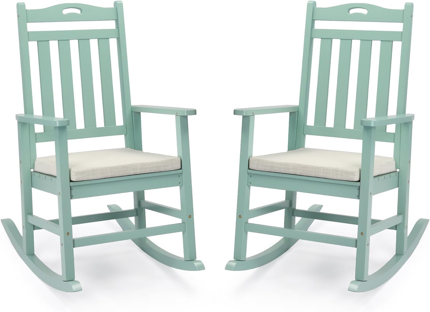 VINGLI Outdoor Rocking Chair, Heavy Duty 450 lbs Poplar Wooden Rocking Chair with High Backrest Design, Come with a Cushion, All-Weather Lounge Rocker Support for Garden, Deck (Mine Green, 2 PCS)