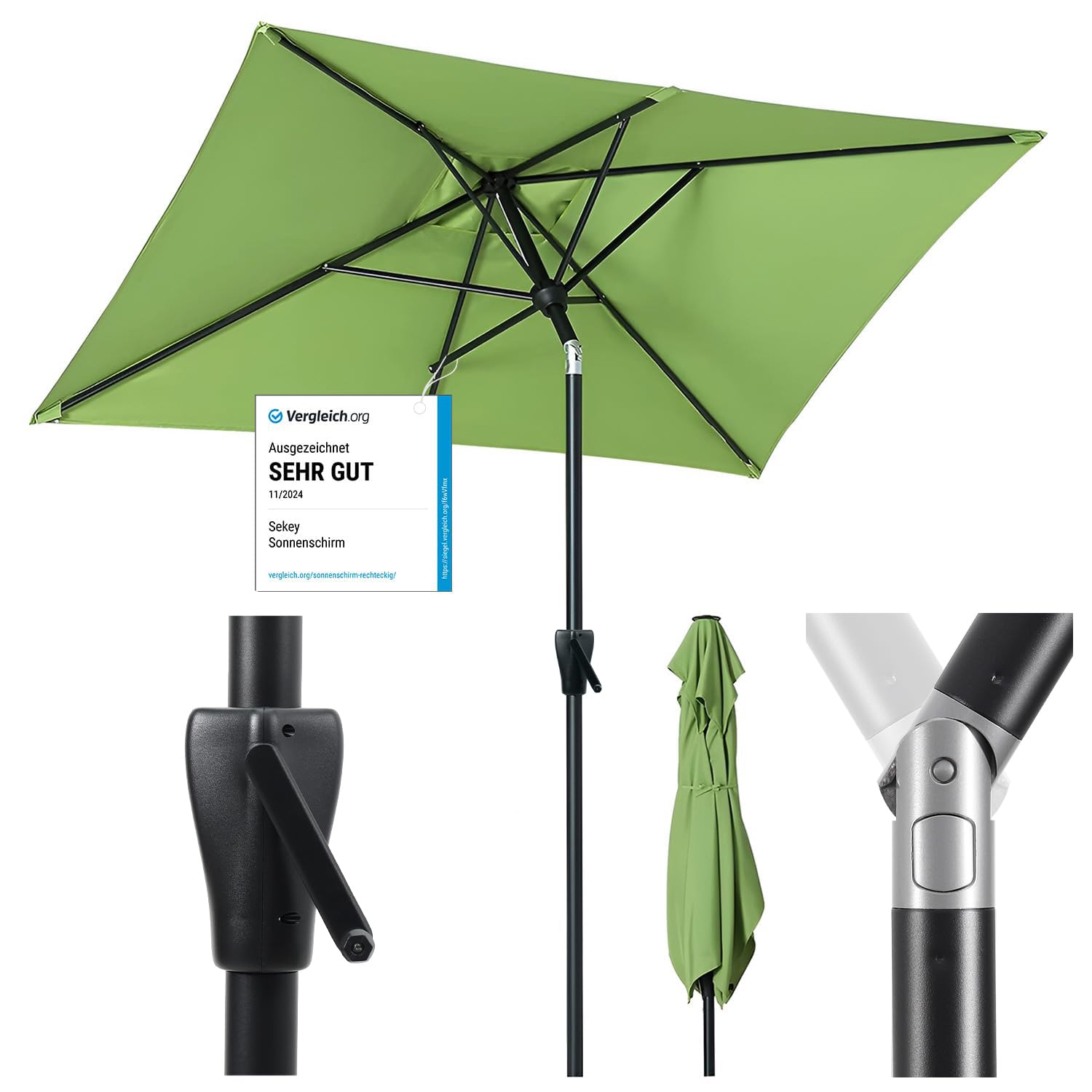 Sekey Aluminum Sonnenschirm mit Kurbel und Knicker, Sonnenschirm Rechteckig für Balkon Garten & Terrasse Sonnenschutz UV 50+