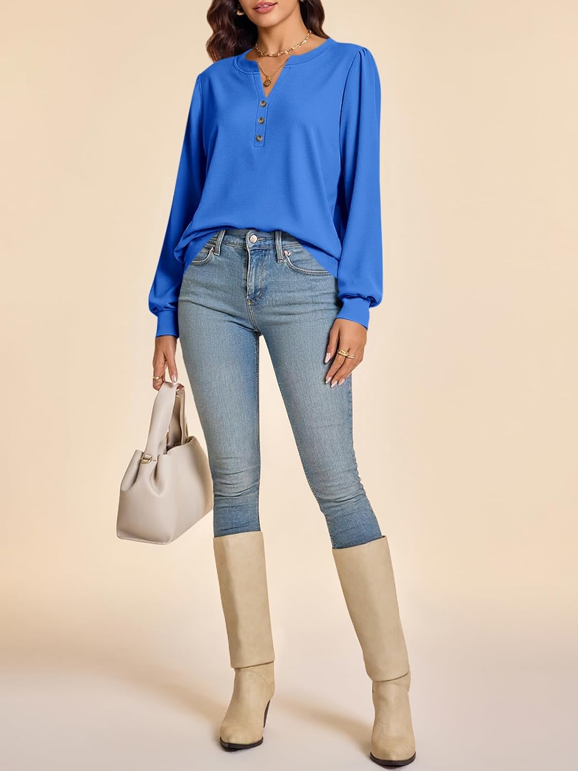 Cicy Bell Womens Puff Long Sleeve Henley Shirts Trendy Casual V Neck Button Up Tunic Tops Loose Fit Basic Tees - Image 5