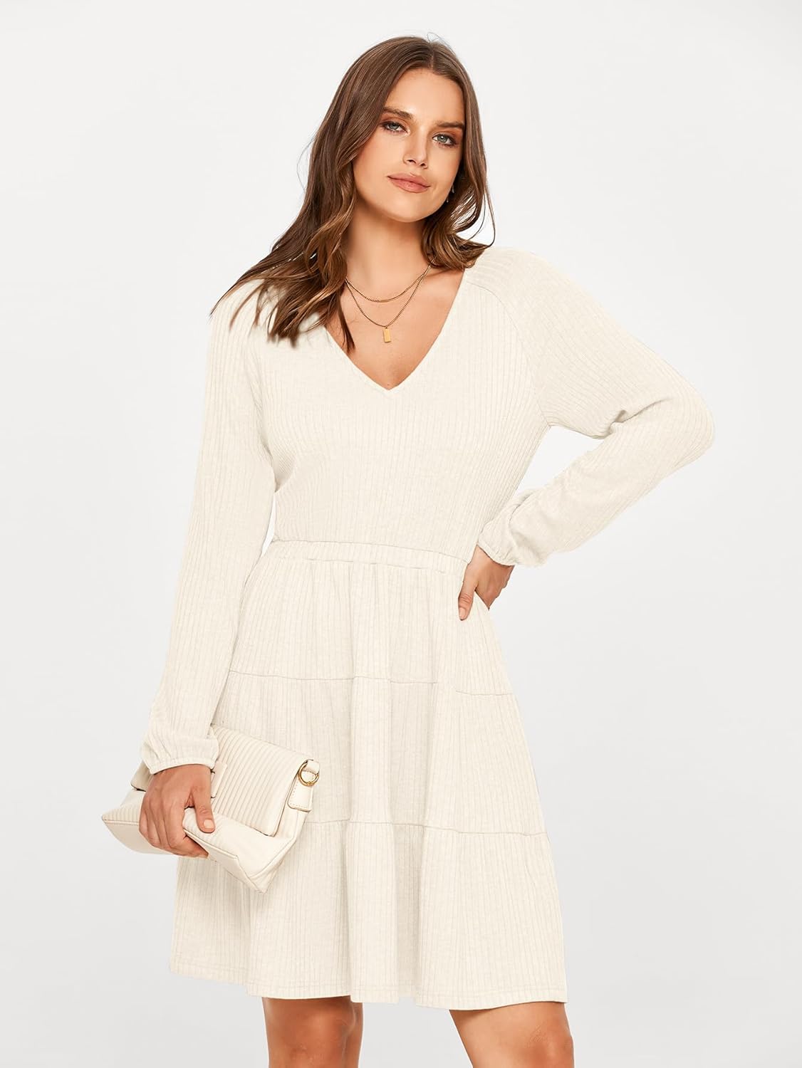 Glamaker Women's Long Sleeve Mini Sweater Dress 2024 Fall Ribbed Knit Dress Casual V Neck Ruffle Flowy Tiered Dresses - Image 3