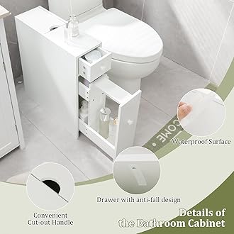 COSTWAY Bathroom Floor Cabinet, Wooden Slim Storage Cupboard with Slide Out Drawers, Home Living Room Hallway Narrow Toilet Paper Organiser Unit (White)