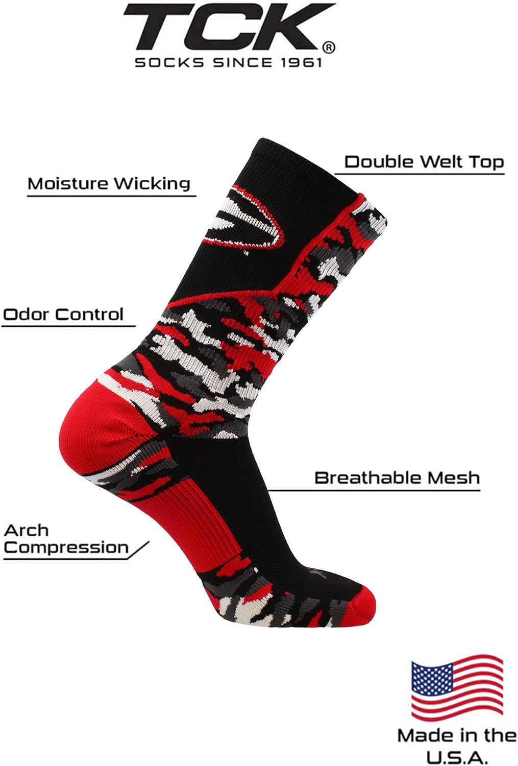 TCK NCAA Woodland Camo Crew Socks – Officially Licensed Collegiate Fan Gear – Durable Cushioned Moisture Wicking Socks