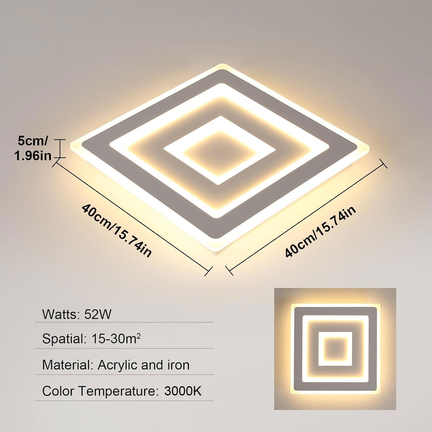 Comely LED Deckenleuchte 52W Quadrat 40cm, Warmweiß 3000K, Moderne Deckenlampe für Wohnzimmer, Schlafzimmer, Flur, Küche, Acryl LED Deckenbeleuchtung Innen, Flache Lampe Weiß