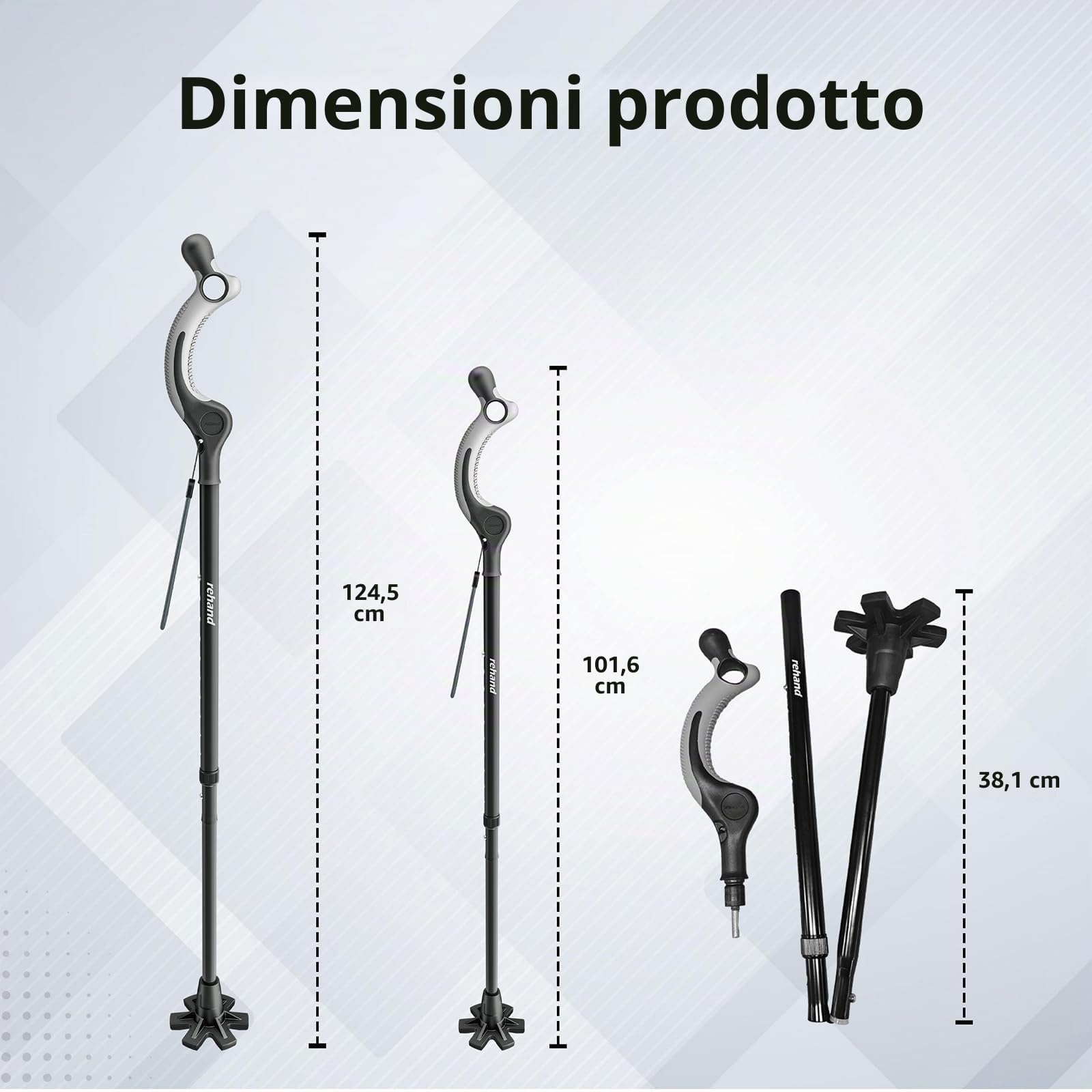 REHAND Bastone da Passeggio Regolabile per Anziani e Adulti – Impugnatura Ergonomica Antiscivolo, 10 Livelli di Regolazione dell’Altezza (101–124 cm), Portata fino a 159 kg