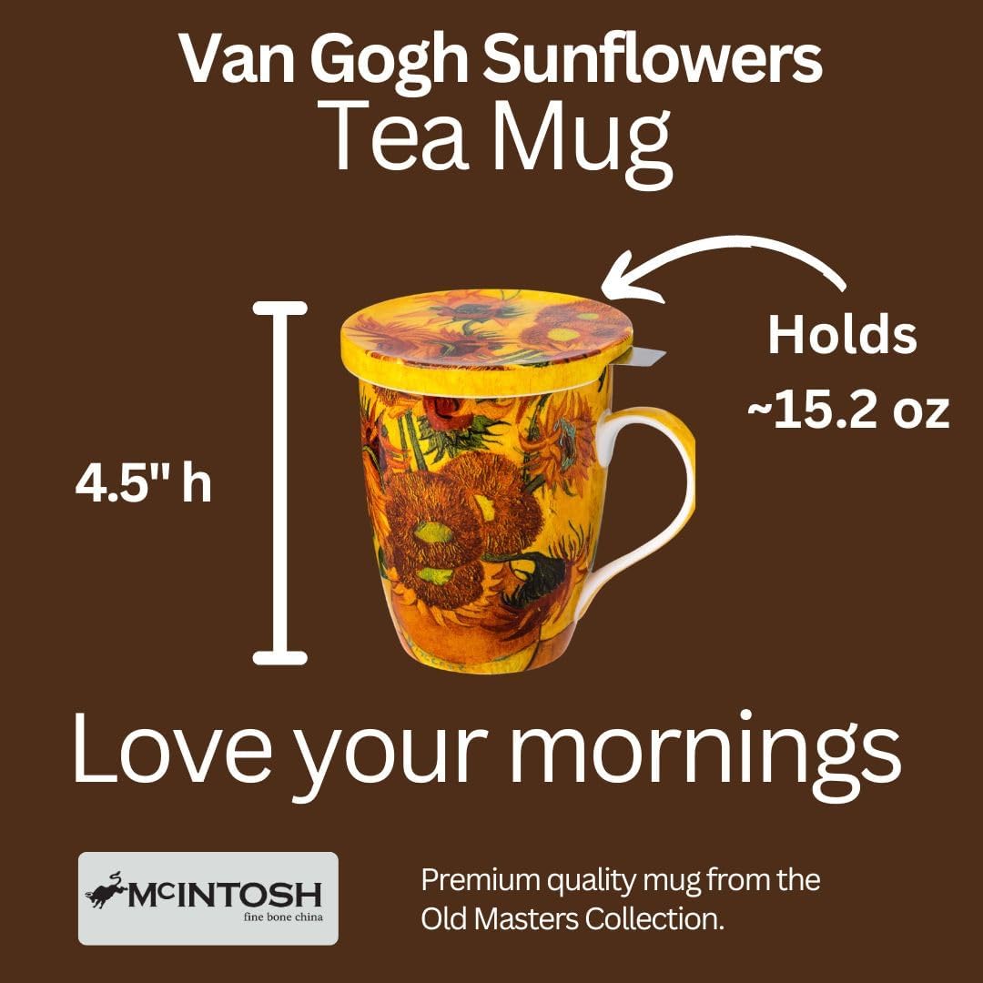 McIntosh Mugs Van Gogh Sunflowers Fine Bone ChinaTea Mug with Lid and Infuser (15 oz)