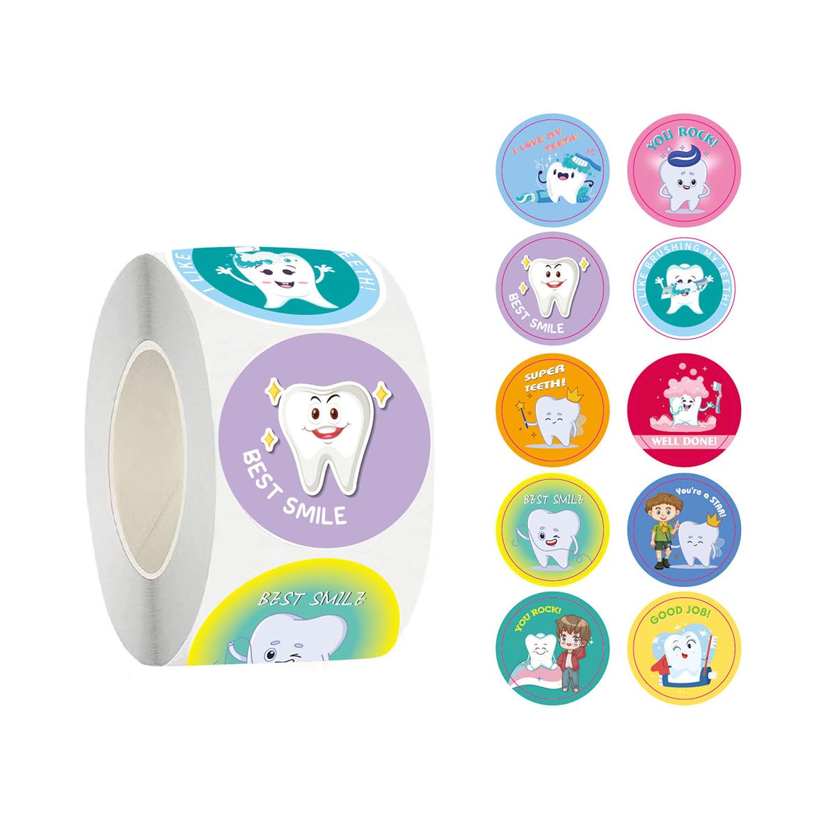 WANGCL 500pcs 1-Inch Round Dental Reward Stickers - Cute Tooth Decals Perfect for Dentists, Schools, Teachers