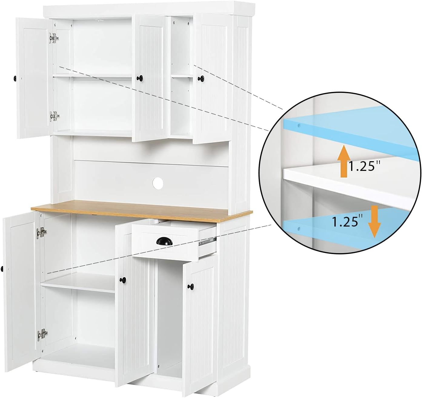 71" Kitchen Pantry Storage Cabinet with Microwave Oven Countertop, Freestanding Hutch Cabinet with Adjustable Shelves, 6 Doors and 1 Drawer-White,White + MDF