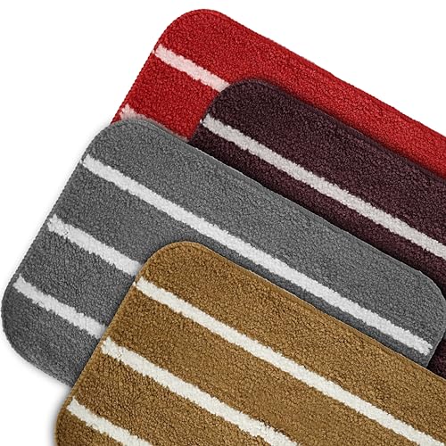 Image of Pure Source India Microfiber Anti-Slip Water Absorbent Door Mat, Three Strips Design (58cm x 39cm) Red Color Entrance Floor Mat for Home Bedroom Bathroom Pack of 1