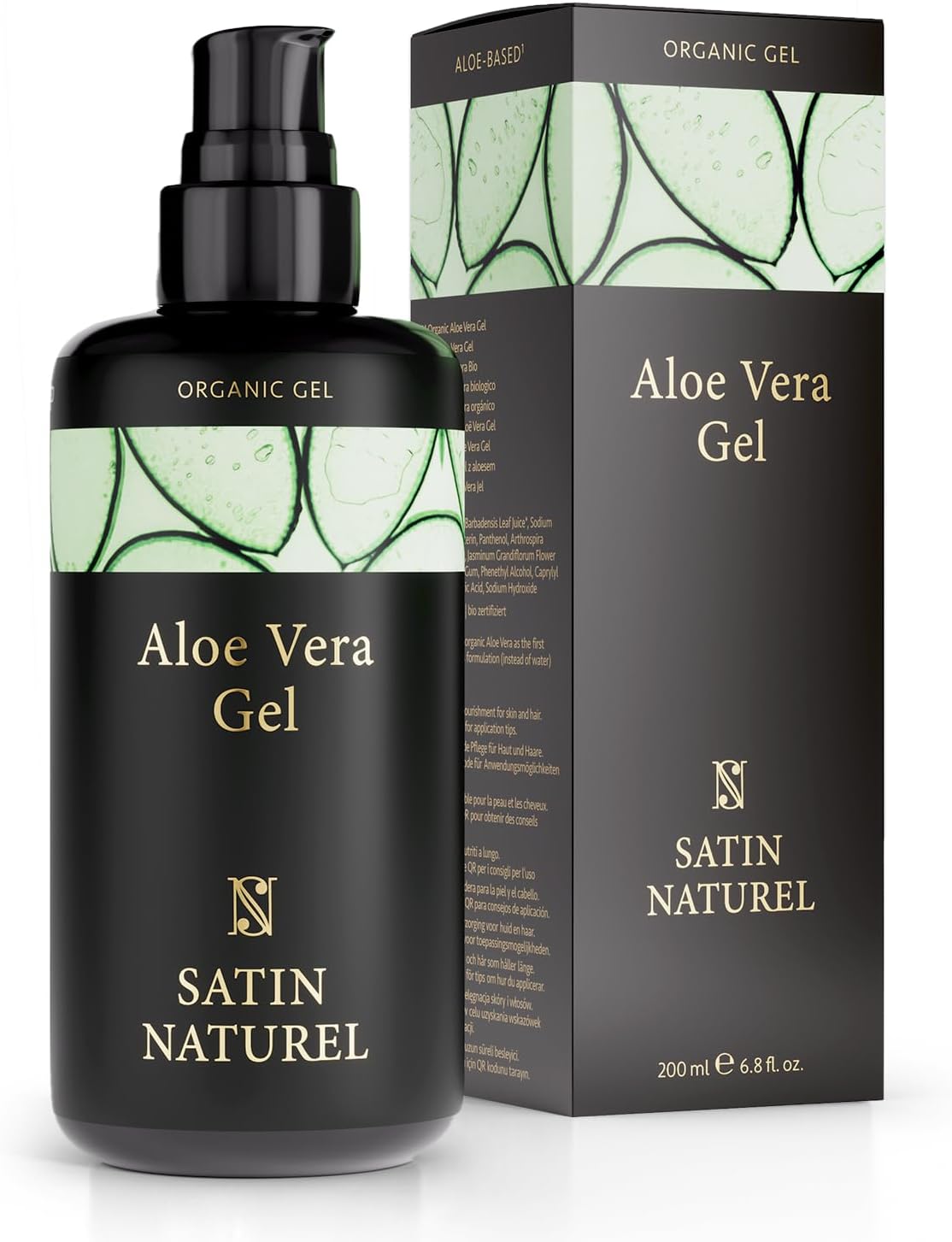 Satin Naturel Gel Aloe Vera Bio + Acide Hyaluronique 200 ml – Soin Hydratant & Apaisant Visage, Corps & Cheveux – Après-Soleil Naturel Vegan – Soin de la peau et des cheveux pour une hydratation intense