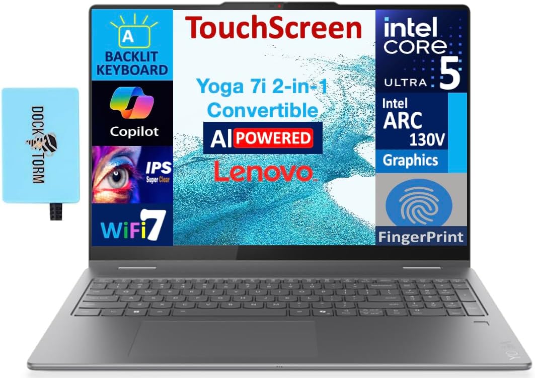 Lenovo Yoga 7i 2-in-1 AI Copilot + Laptop 16.0" 2K Touchscreen Display (Intel Ultra 5 Series 2, 16GB LPDDR5X, 512GB M.2 PCIe SSD, Backlit KB, Fingerprint, 2 TB 4, Win 11 Pro) w/DKZ USB Port Expander