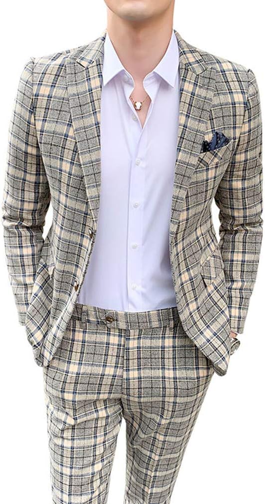 MOGU Mens Three Piece Slim Fit Plaid Suit Blazer Jacket+Vest+Pants