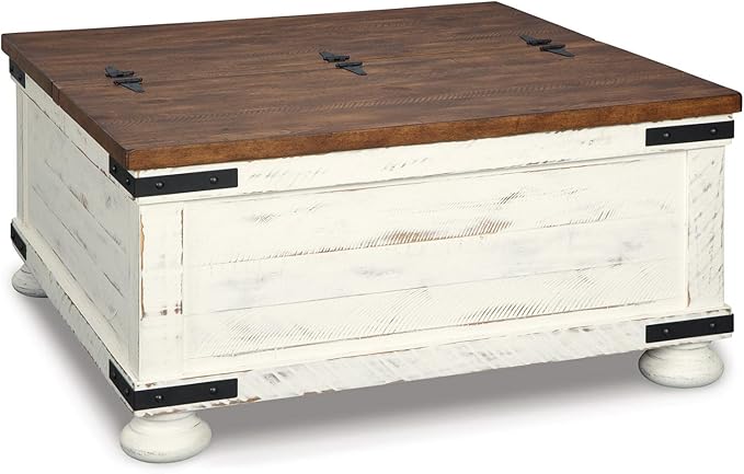 Signature Design by Ashley Wystfield Farmhouse Square Storage Coffee Table with Hinged Lift Top, Distressed White