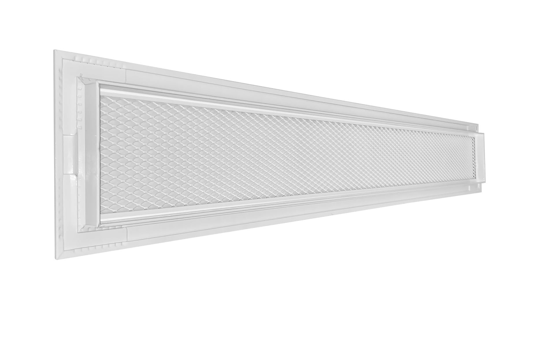 Rejilla de ventilación aluminio perforado con malla protectora – Blanco RAL 9016 – difusor aire caliente interior/exterior – rejilla lineal 60x9 cm.
