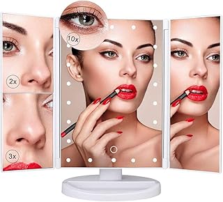 Nestling Makeup Mirror with LED Lights, 22 LED Lights Vanity Cosmetic Mirror with Touch Screen, Magnification Tri-Fold 2X 3X Magnifying, 180° Free Rotation, Dual Power Supply LED Mirror (White)