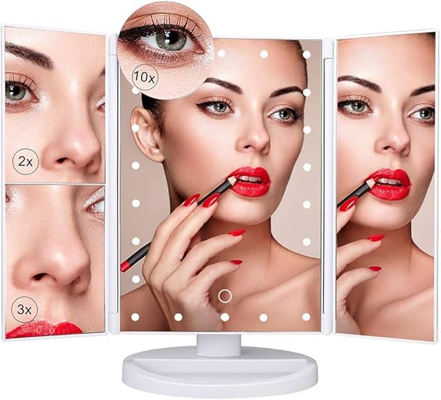 Nestling Makeup Mirror with LED Lights, 22 LED Lights Vanity Cosmetic Mirror with Touch Screen, Magnification Tri-Fold 2X 3X Magnifying, 180° Free Rotation, Dual Power Supply LED Mirror (White)