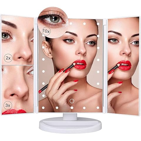 Nestling Makeup Mirror with LED Lights, 22 LED Lights Vanity Cosmetic Mirror with Touch Screen, Magnification Tri-Fold 2X 3X Magnifying, 180° Free Rotation, Dual Power Supply LED Mirror (White) Cover