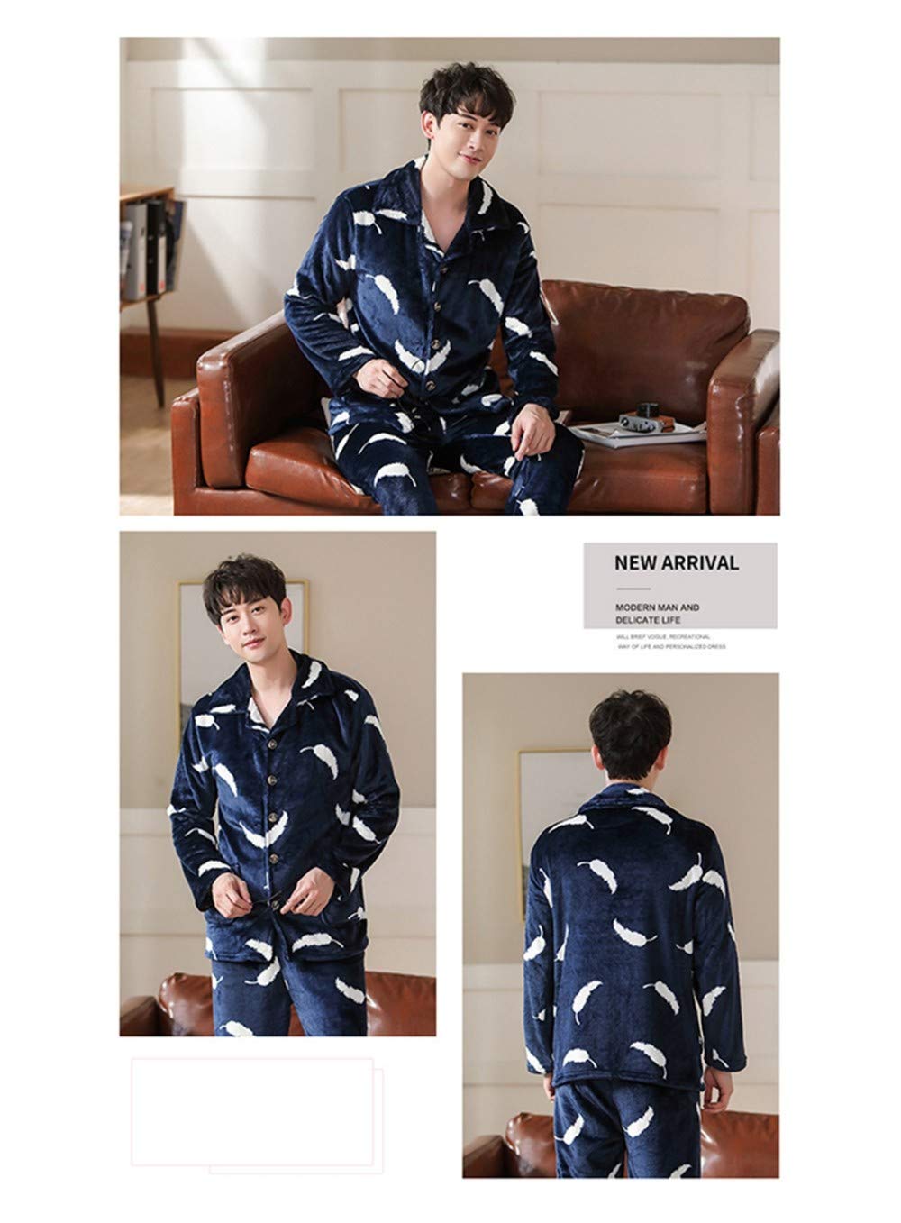 Pijama De Franela Para Hombre,Moda Invierno Cálido Hombres Pijama Grueso Pijama De Franela Conjunto 2 Pijamas Casual Hogar Usar Pijama Azul Oscuro Solapa Pluma Impresión Pantalones Simples Fiesta
