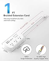 Vista 2 de Cable de extensión corto de 1 pie - Regleta de alimentación pequeña con enchufe plano, protector contra sobretensiones con 6 salidas y 3 puertos